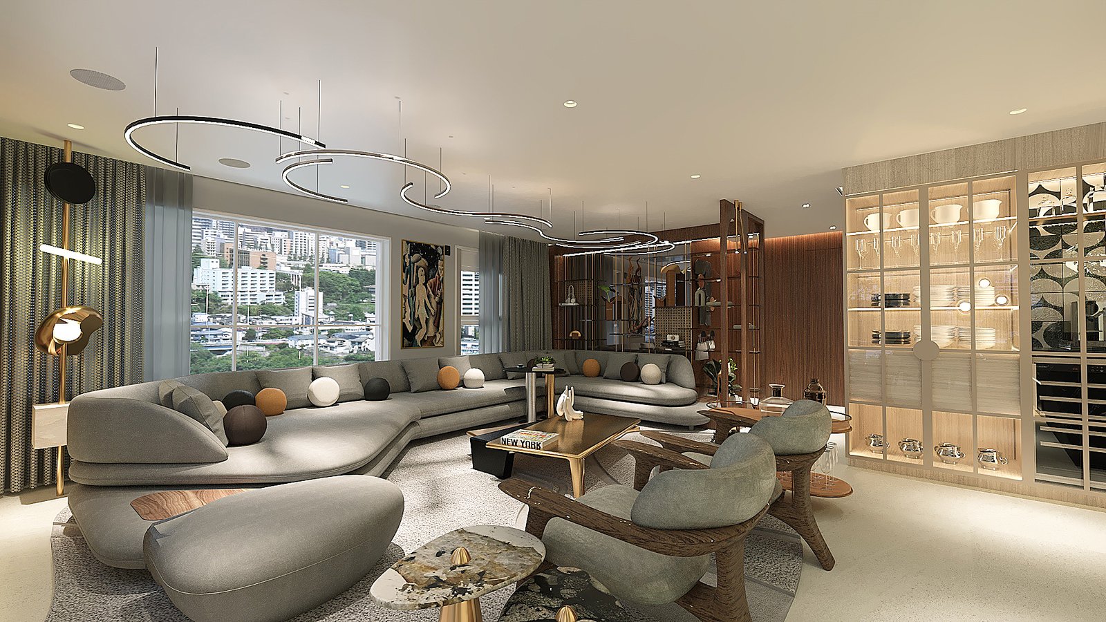 Uma sala de estar de alto luxo com design contemporâneo e sofisticado. Espaço amplo com sofá em